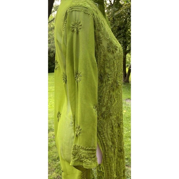 Women’s Medium Kaftan MIDI V Neck Sheer Tunic Top Boho Long Sleeve Dress Beach - Picture 3 of 16